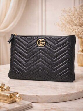 Authentic Gucci GG Marmont Black Leather Pouch Clutch Matelassé Zip Top Wristlet